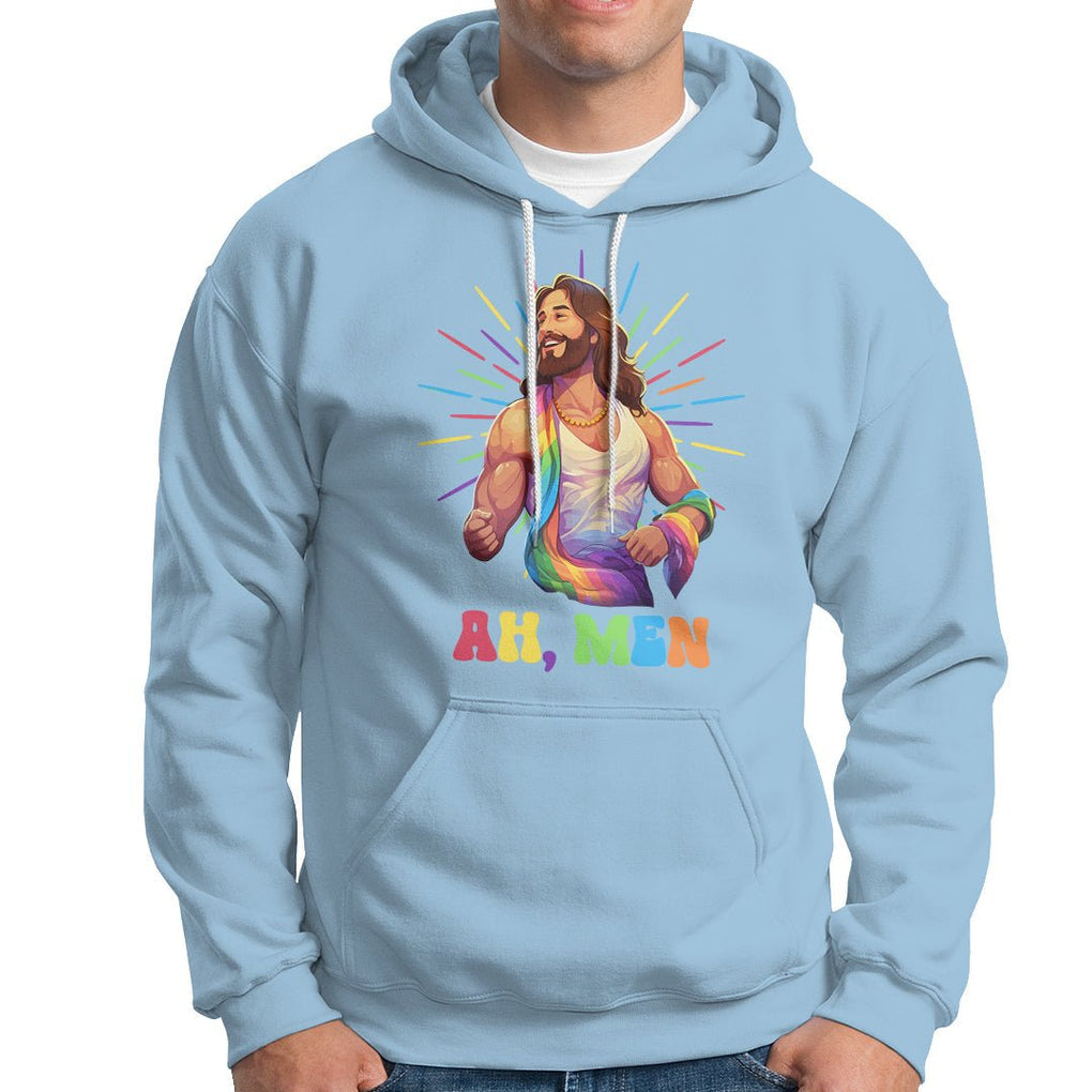 Ah Men Funny LGBT Gay Pride Jesus Rainbow Flag Christian Hoodie TS09 Light Blue Printyourwear