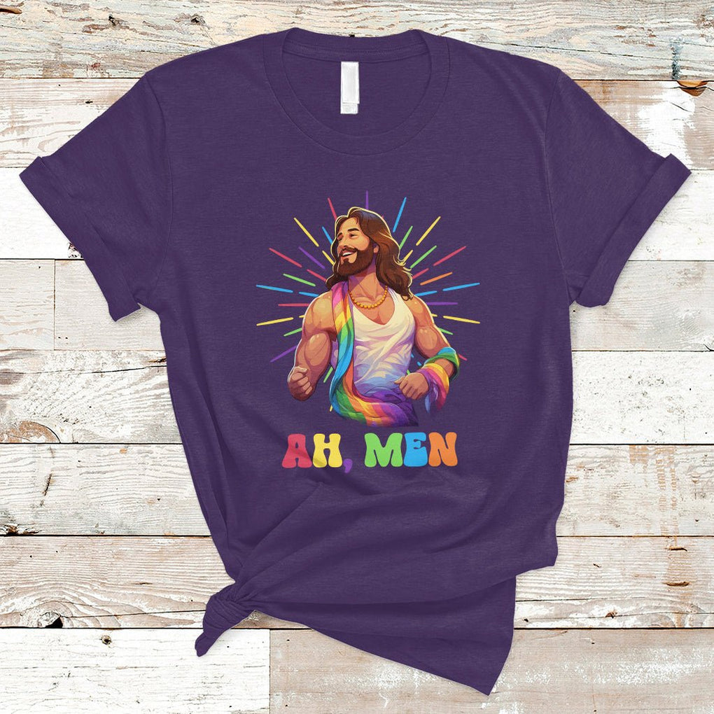 Ah Men Funny LGBT Gay Pride Jesus Rainbow Flag Christian T Shirt TS09 Purple Printyourwear