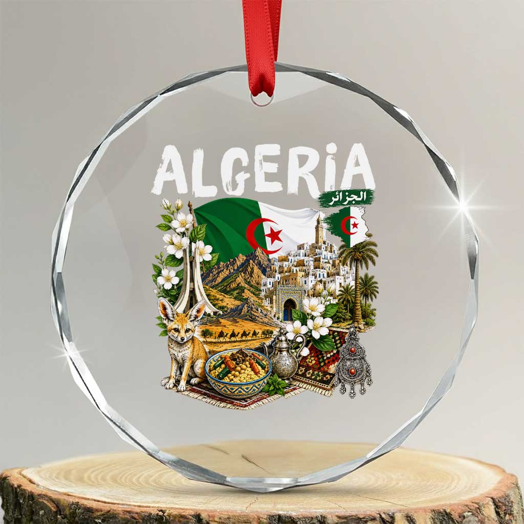 Algeria Algerian Culture and Landmarks Collage Graphic Crystal Glass Ornament Proud Fennec Fox Heritage and Arabic Calligraphy TS02 Transparent Glass 3'' Circle Print Your Wear