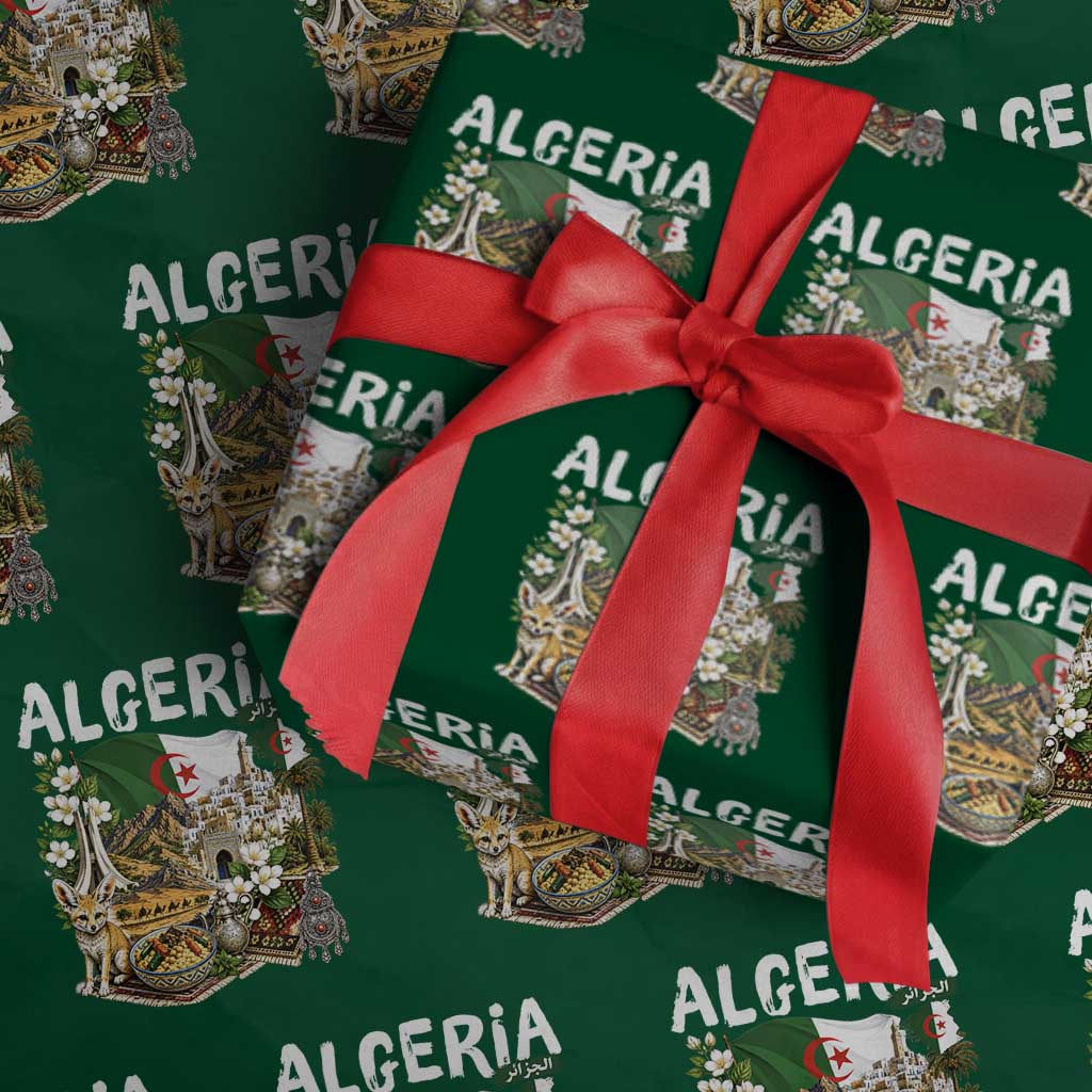 Algeria Algerian Culture and Landmarks Collage Graphic Wrapping Paper Roll Proud Fennec Fox Heritage and Arabic Calligraphy