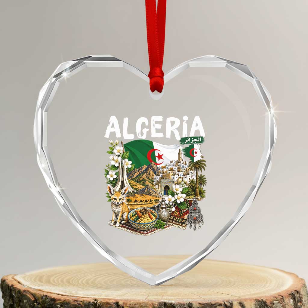 Algeria Algerian Culture and Landmarks Collage Graphic Heart Crystal Glass Ornament Proud Fennec Fox Heritage and Arabic Calligraphy TS02 Transparent Glass 3'' Heart Print Your Wear