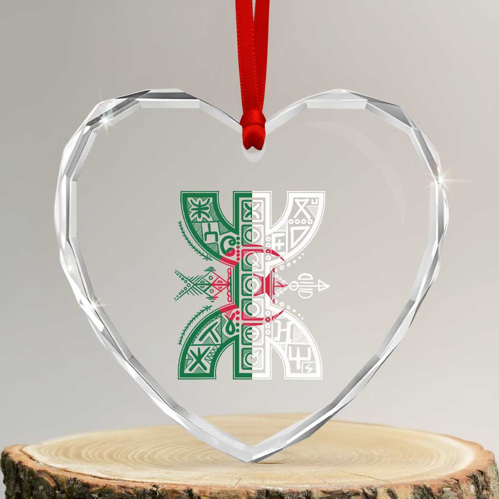 Algeria Amazigh Berber Yaz Symbol Algerian Flag Heritage Graphic Heart Crystal Glass Ornament Traditional North African Tribal Culture Art