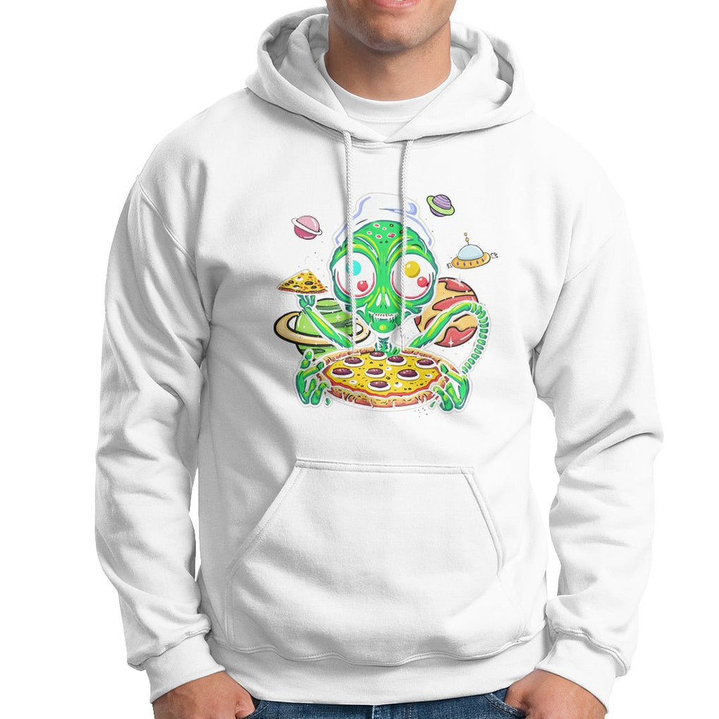 Alien Eating Pizza Outer Space With Planet UFO Hoodie TS09 White Printyourwear