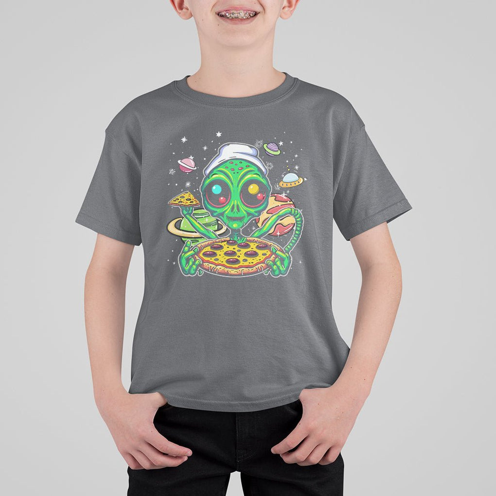 Alien Eating Pizza Outer Space With Planet UFO T Shirt For Kid TS09 Charcoal Printyourwear