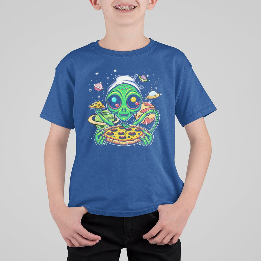 Alien Eating Pizza Outer Space With Planet UFO T Shirt For Kid TS09 Royal Blue Printyourwear