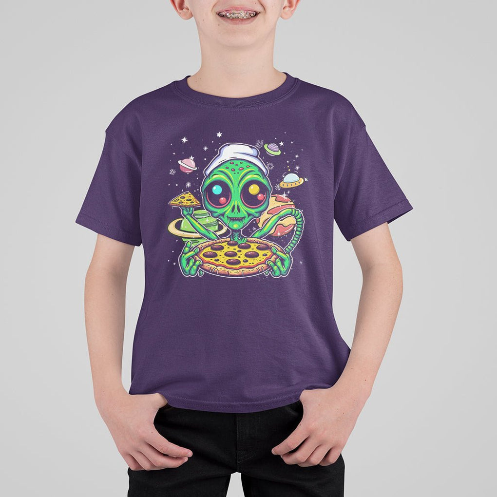 Alien Eating Pizza Outer Space With Planet UFO T Shirt For Kid TS09 Purple Printyourwear