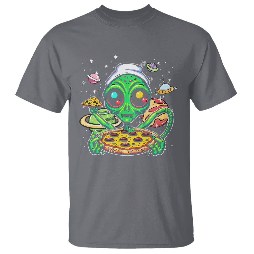 Alien Eating Pizza Outer Space With Planet UFO T Shirt TS09 Charcoal Printyourwear