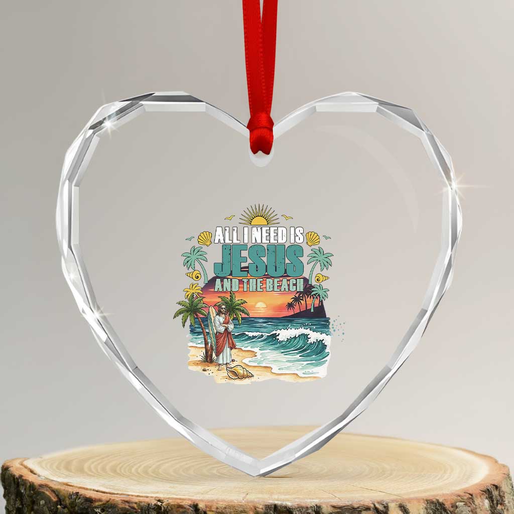All I Need Is Jesus And The Beach Heart Crystal Glass Ornament Christian Summer Faith Graphic TS12 Transparent Glass 3'' Heart Print Your Wear