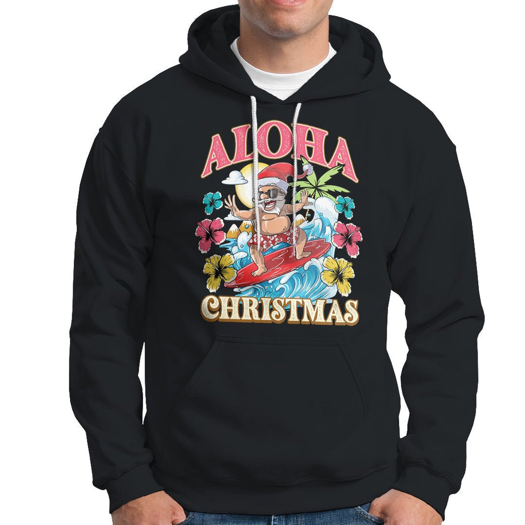 Aloha Hawaiian Christmas Mele Kalikimaka Tropical Xmas Surfing Santa Hoodie TS02 Black Printyourwear