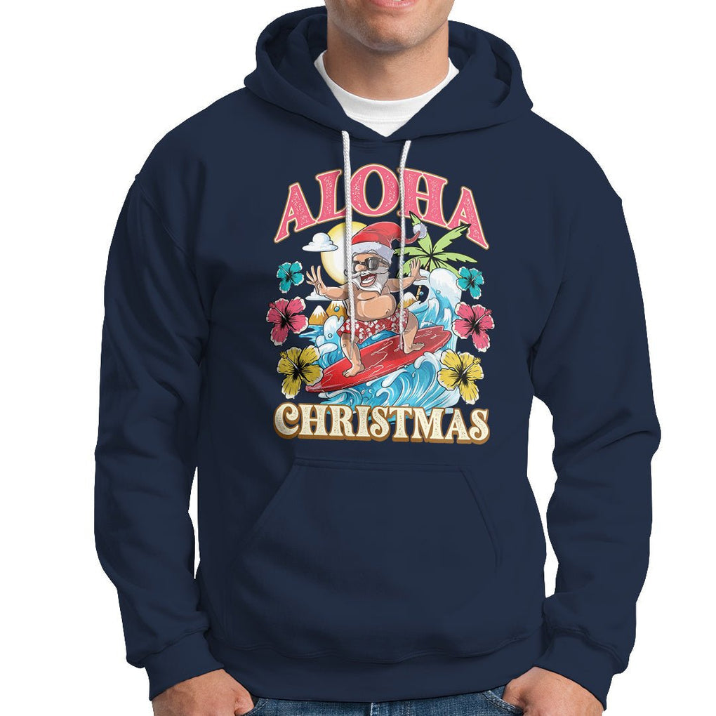 Aloha Hawaiian Christmas Mele Kalikimaka Tropical Xmas Surfing Santa Hoodie TS02 Navy Printyourwear
