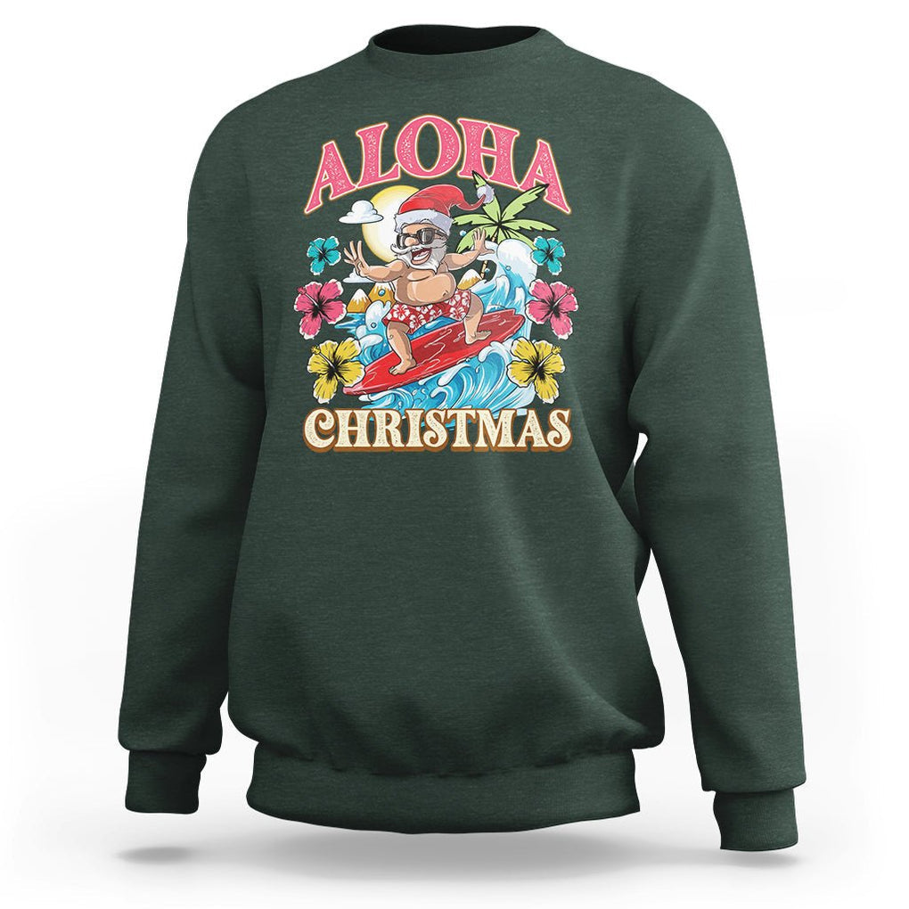 Aloha Hawaiian Christmas Mele Kalikimaka Tropical Xmas Surfing Santa Sweatshirt TS02 Dark Forest Green Printyourwear