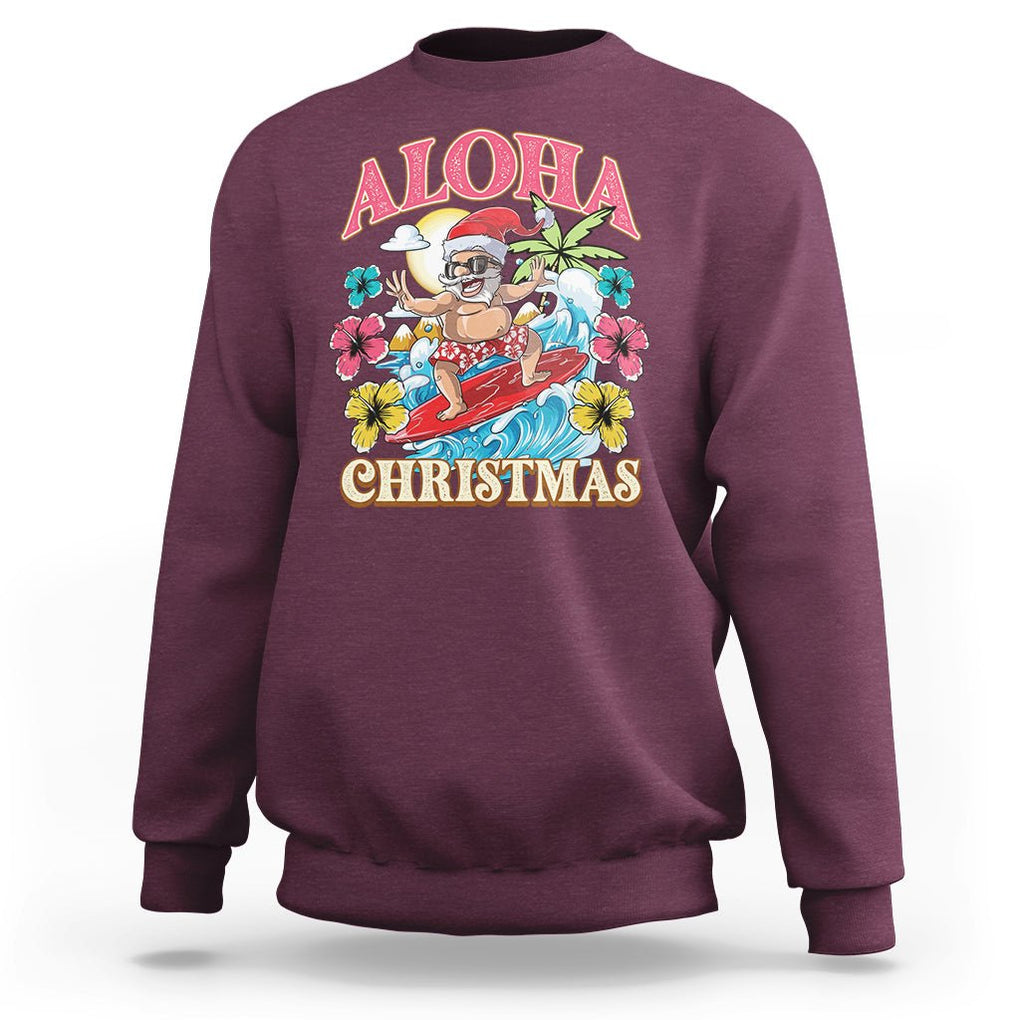 Aloha Hawaiian Christmas Mele Kalikimaka Tropical Xmas Surfing Santa Sweatshirt TS02 Maroon Printyourwear