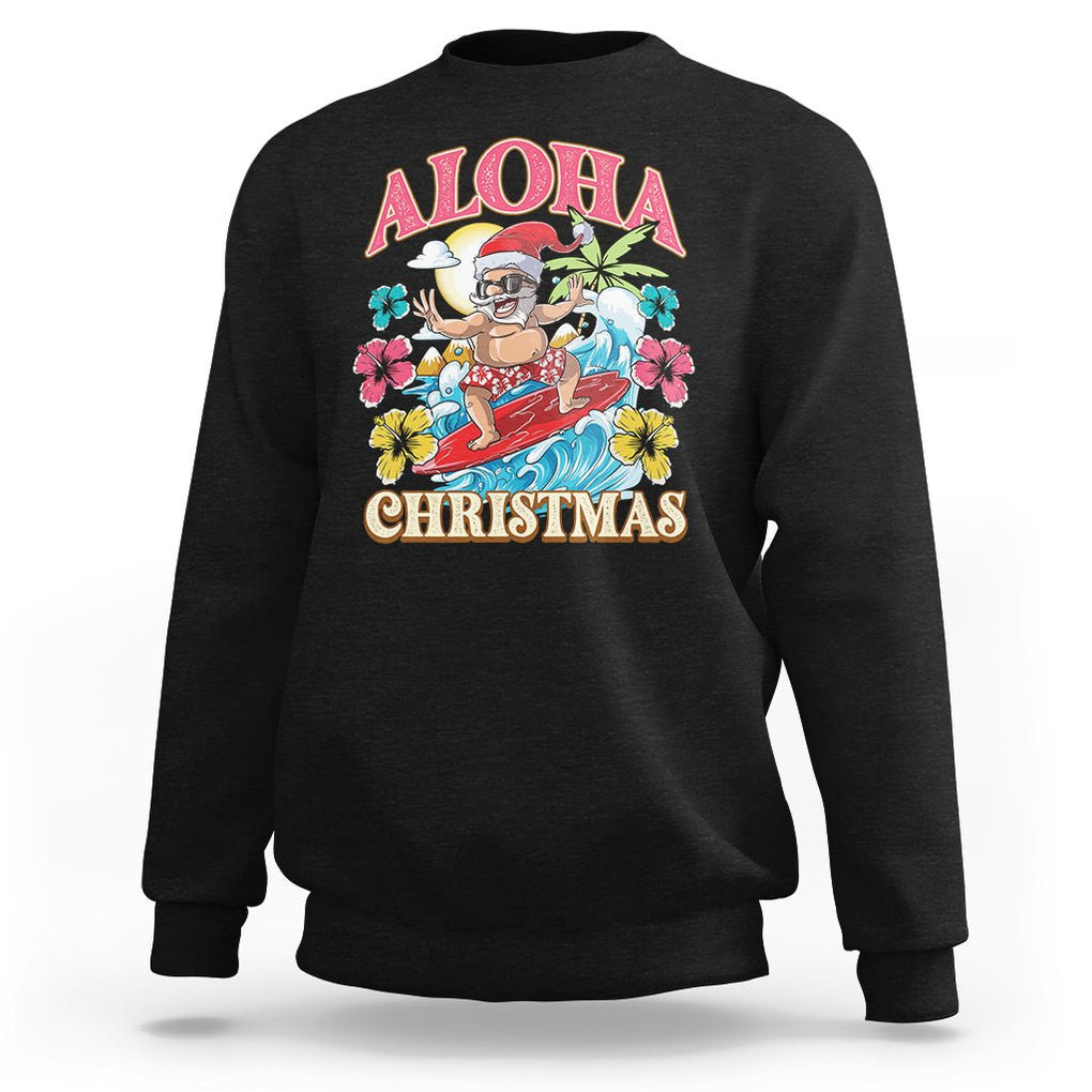 Aloha Hawaiian Christmas Mele Kalikimaka Tropical Xmas Surfing Santa Sweatshirt TS02 Black Printyourwear