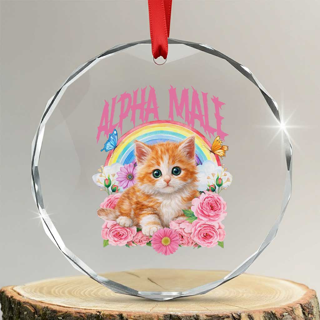 Alpha Male Funny Cat Crystal Glass Ornament Vintage 90s Kitten Rainbow Floral Butterflies TS11 Transparent Glass 3'' Circle Print Your Wear