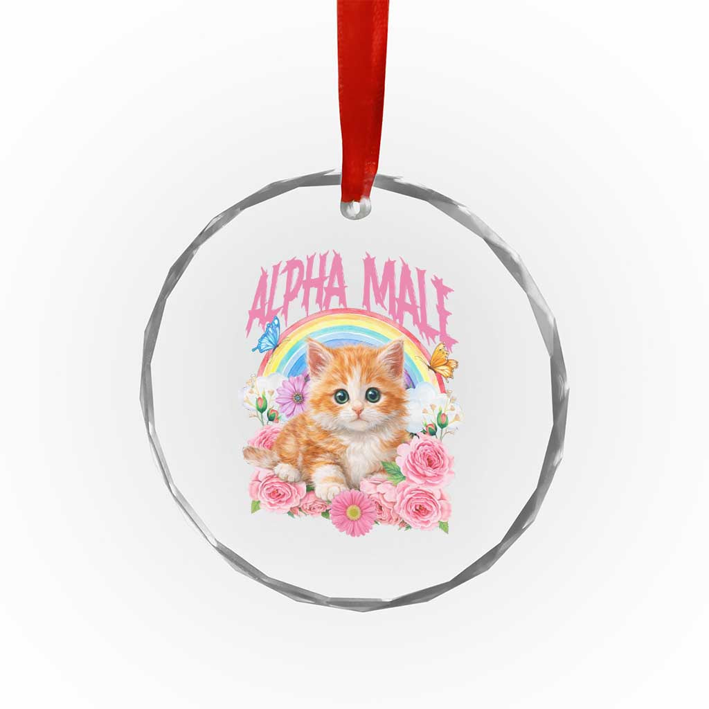 Alpha Male Funny Cat Crystal Glass Ornament Vintage 90s Kitten Rainbow Floral Butterflies