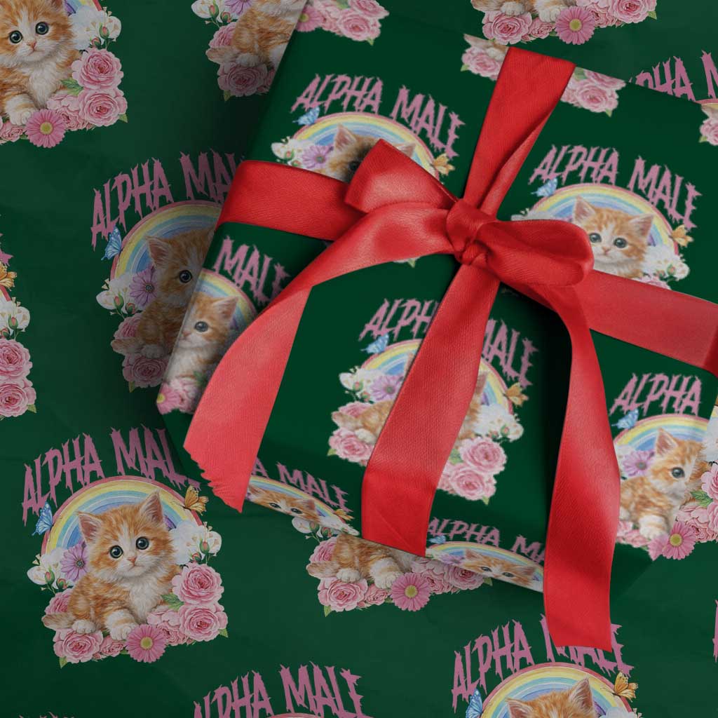 Alpha Male Funny Cat Wrapping Paper Roll Vintage 90s Kitten Rainbow Floral Butterflies