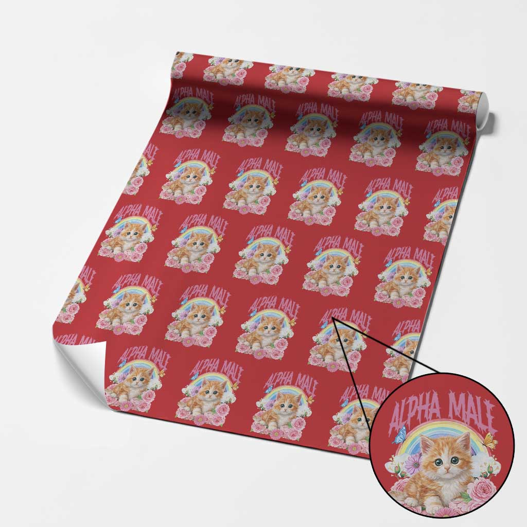 Alpha Male Funny Cat Wrapping Paper Roll Vintage 90s Kitten Rainbow Floral Butterflies