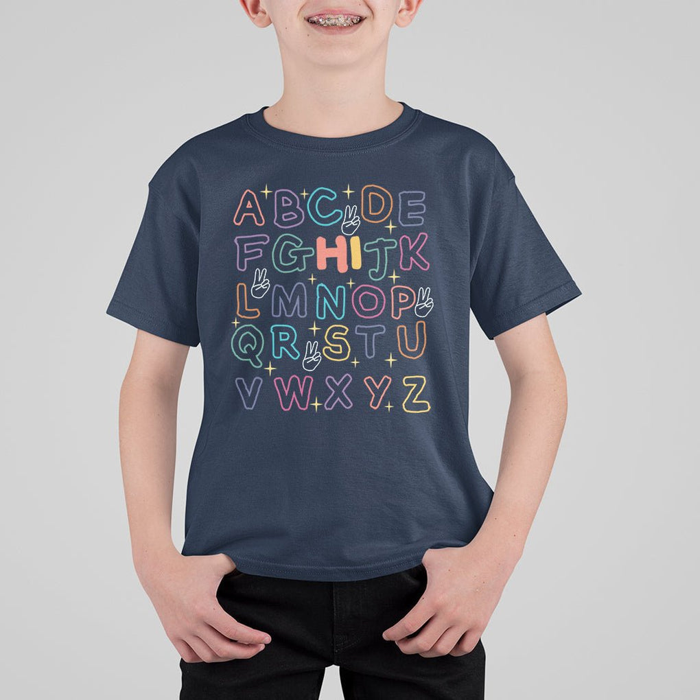 1st Day Of School Alphabet T Shirt For Kid Hi V Sign Abcd Pre K Kindergarten TS02 Navy Printyourwear