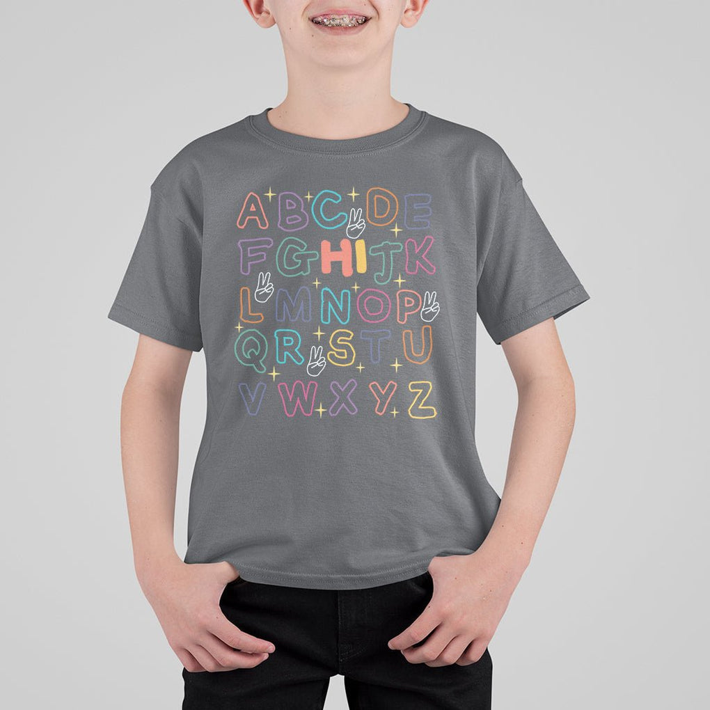1st Day Of School Alphabet T Shirt For Kid Hi V Sign Abcd Pre K Kindergarten TS02 Charcoal Printyourwear