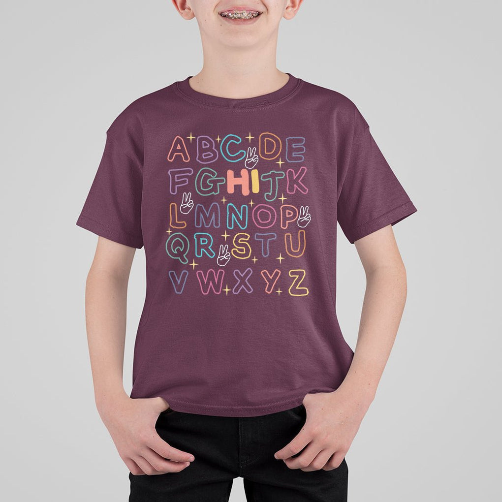 1st Day Of School Alphabet T Shirt For Kid Hi V Sign Abcd Pre K Kindergarten TS02 Maroon Printyourwear
