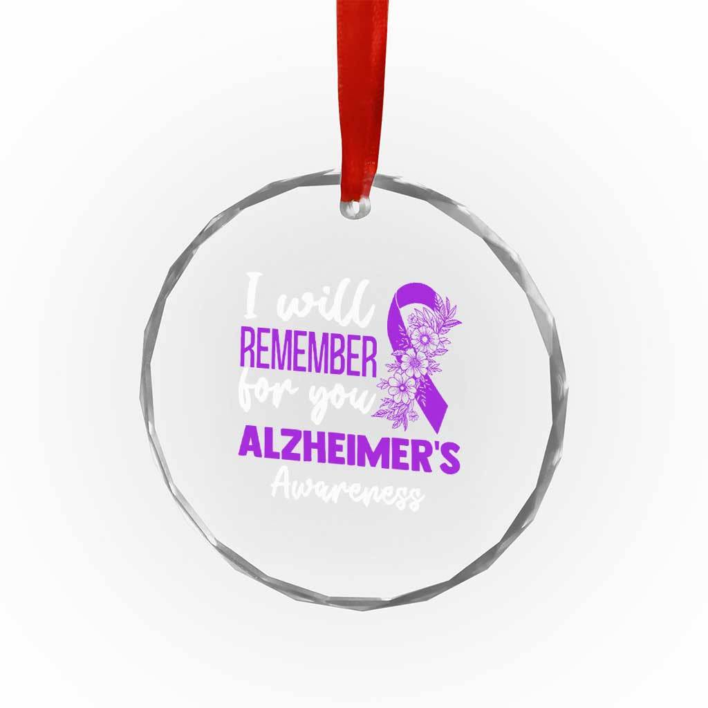 Alzheimers Caregiver Support Purple Ribbon Crystal Glass Ornament I Will Remember For You