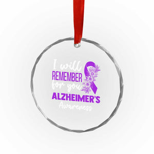 Alzheimers Caregiver Support Purple Ribbon Crystal Glass Ornament I Will Remember For You