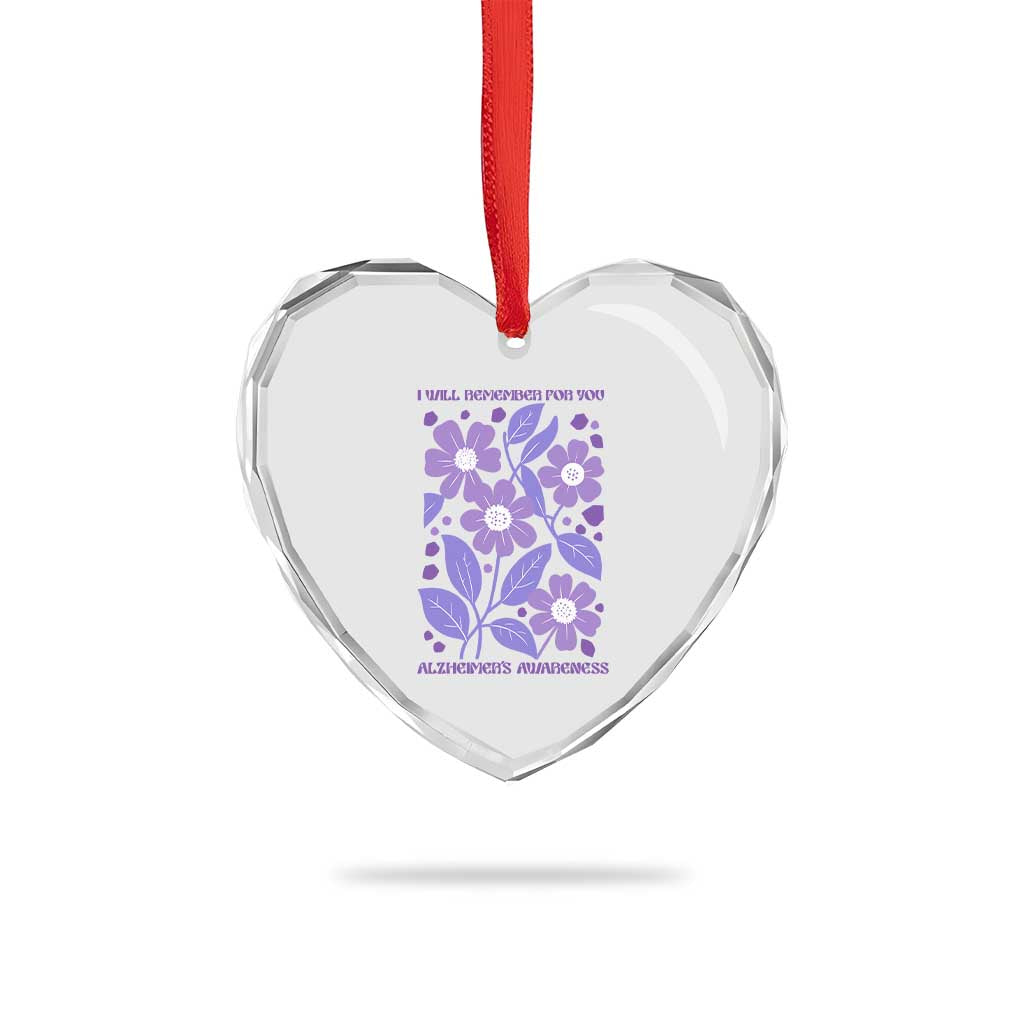 Alzheimers Purple Floral Retro Graphic Heart Crystal Glass Ornament I Will Remember For You