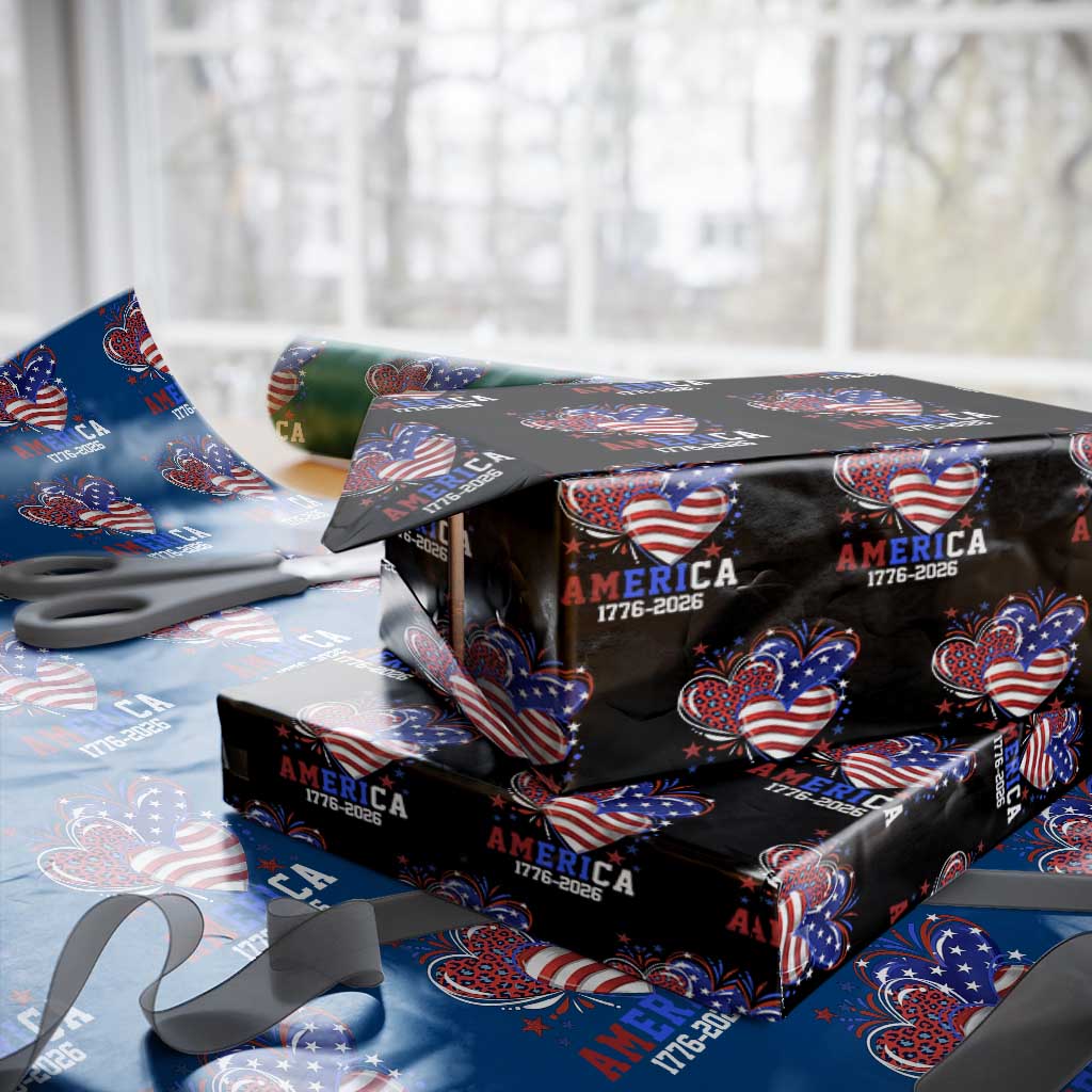 America 1776-2026 Patriotic Hearts Wrapping Paper Roll Semiquincentennial 250th Anniversary Red White Blue Stars and Stripes TS02 Black Print Your Wear