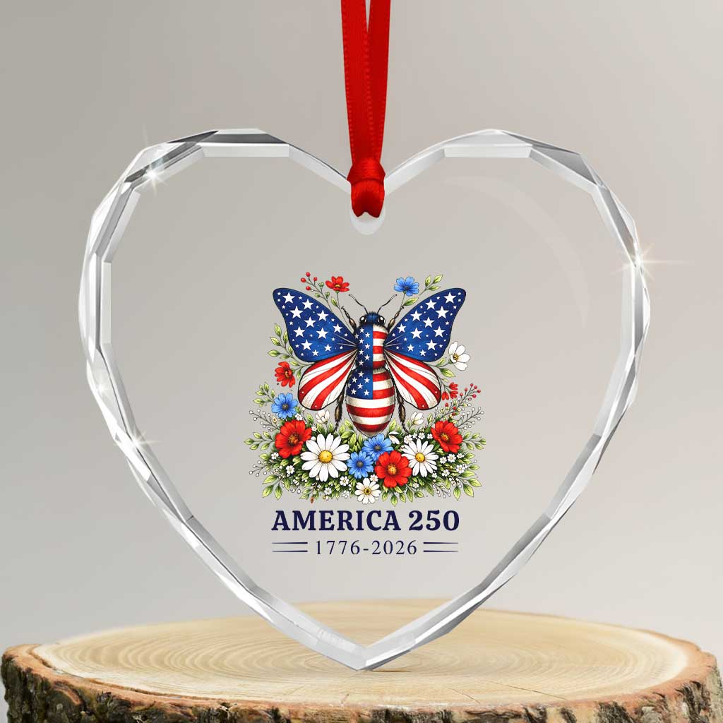 America 250 Patriotic Butterfly Floral Graphic Heart Crystal Glass Ornament American Flag Wings Watercolor Wildflowers 1776 to 2026 Semiquincentennial TS02 Transparent Glass 3'' Heart Print Your Wear