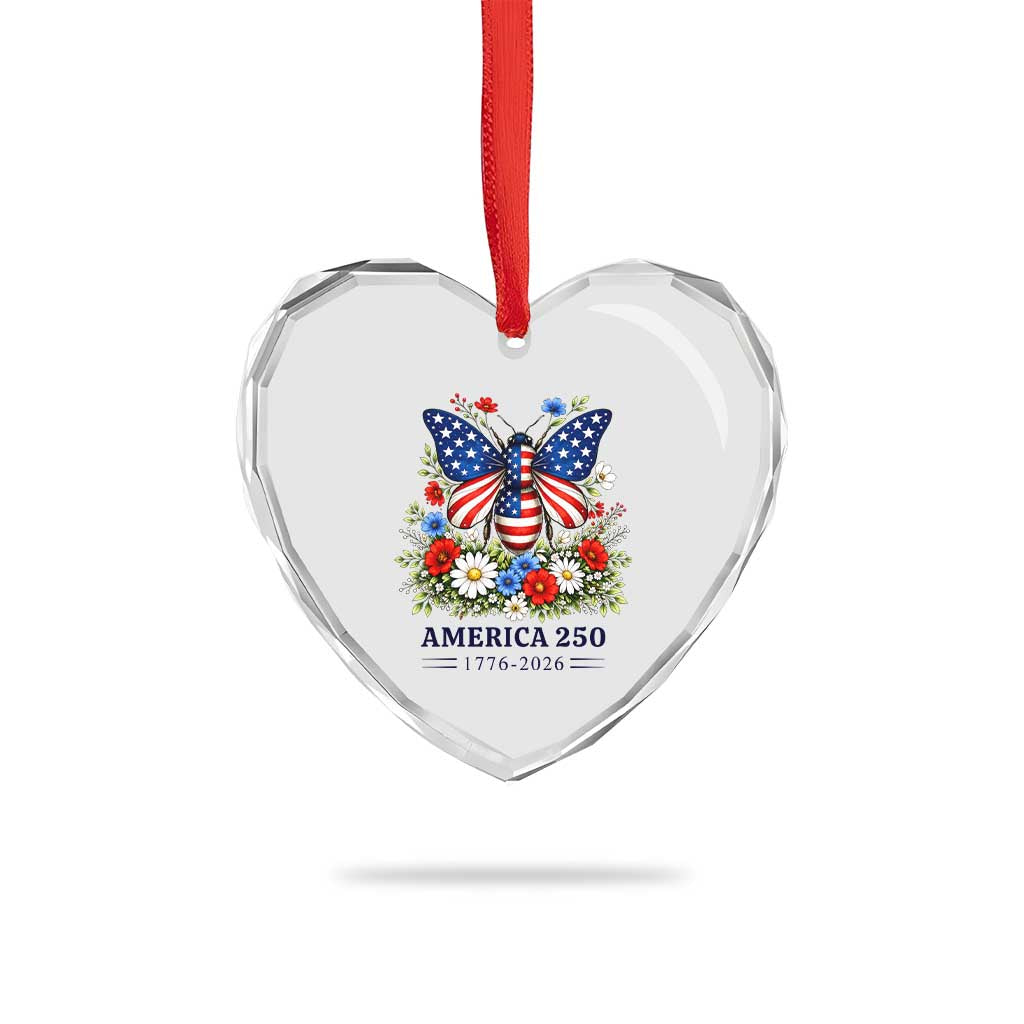 America 250 Patriotic Butterfly Floral Graphic Heart Crystal Glass Ornament American Flag Wings Watercolor Wildflowers 1776 to 2026 Semiquincentennial
