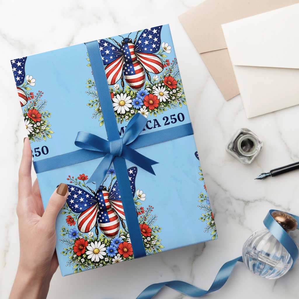 America 250 Patriotic Butterfly Floral Graphic Wrapping Paper Roll American Flag Wings Watercolor Wildflowers 1776 to 2026 Semiquincentennial