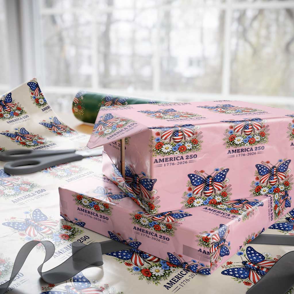 America 250 Patriotic Butterfly Floral Graphic Wrapping Paper Roll American Flag Wings Watercolor Wildflowers 1776 to 2026 Semiquincentennial