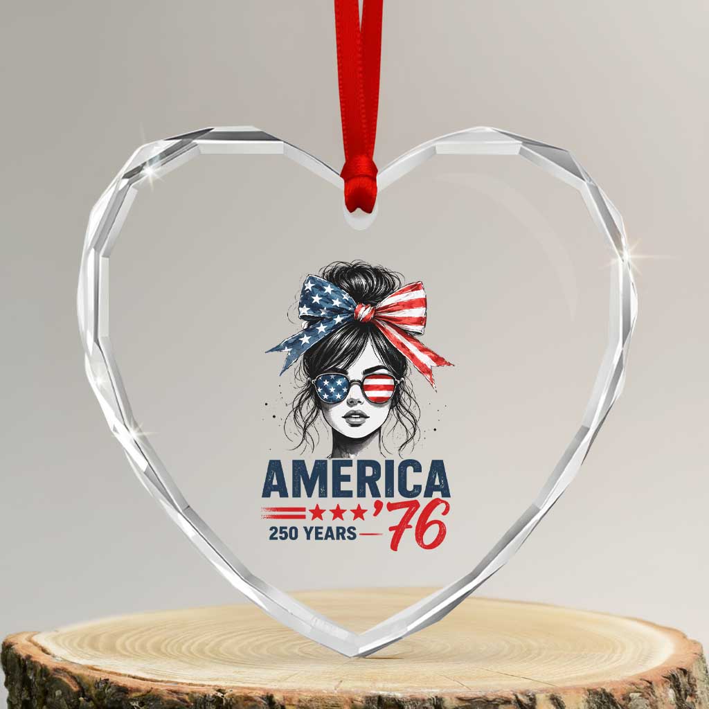 America 250 Years Heart Crystal Glass Ornament 250th Anniversary USA Patriotic Girl Messy Bun 1776 2026