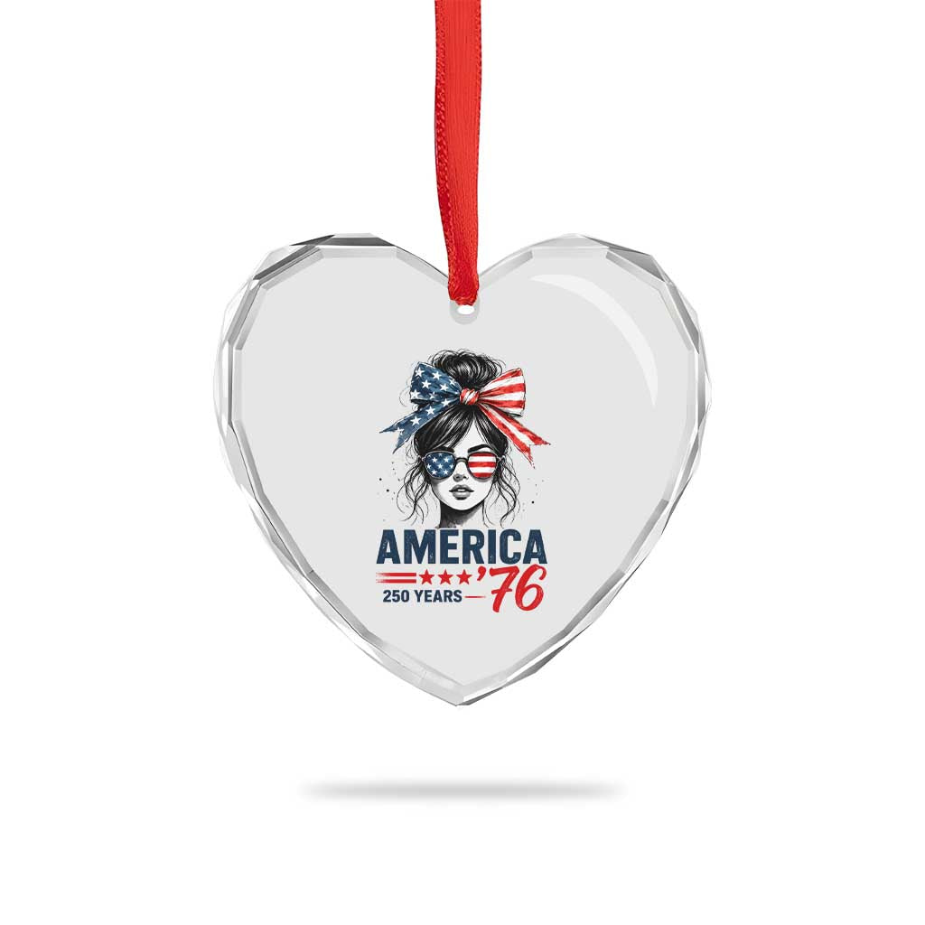 America 250 Years Heart Crystal Glass Ornament 250th Anniversary USA Patriotic Girl Messy Bun 1776 2026