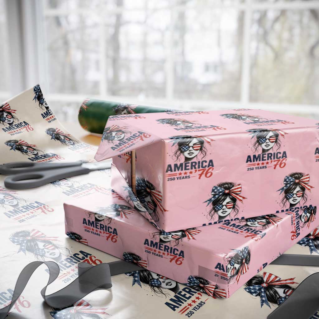 America 250 Years Wrapping Paper Roll 250th Anniversary USA Patriotic Girl Messy Bun 1776 2026