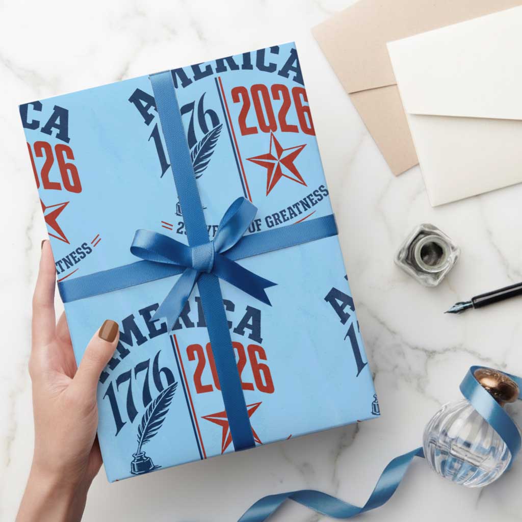America 250 Years of Greatness Patriotic Wrapping Paper Roll Vintage 1776 to 2026 Quill and Star Semiquincentennial