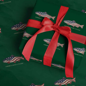 America 250th Anniversary Patriotic Fish Graphic Wrapping Paper Roll American Flag Salmon Trout Fishing 1776 to 2026 Semiquincentennial