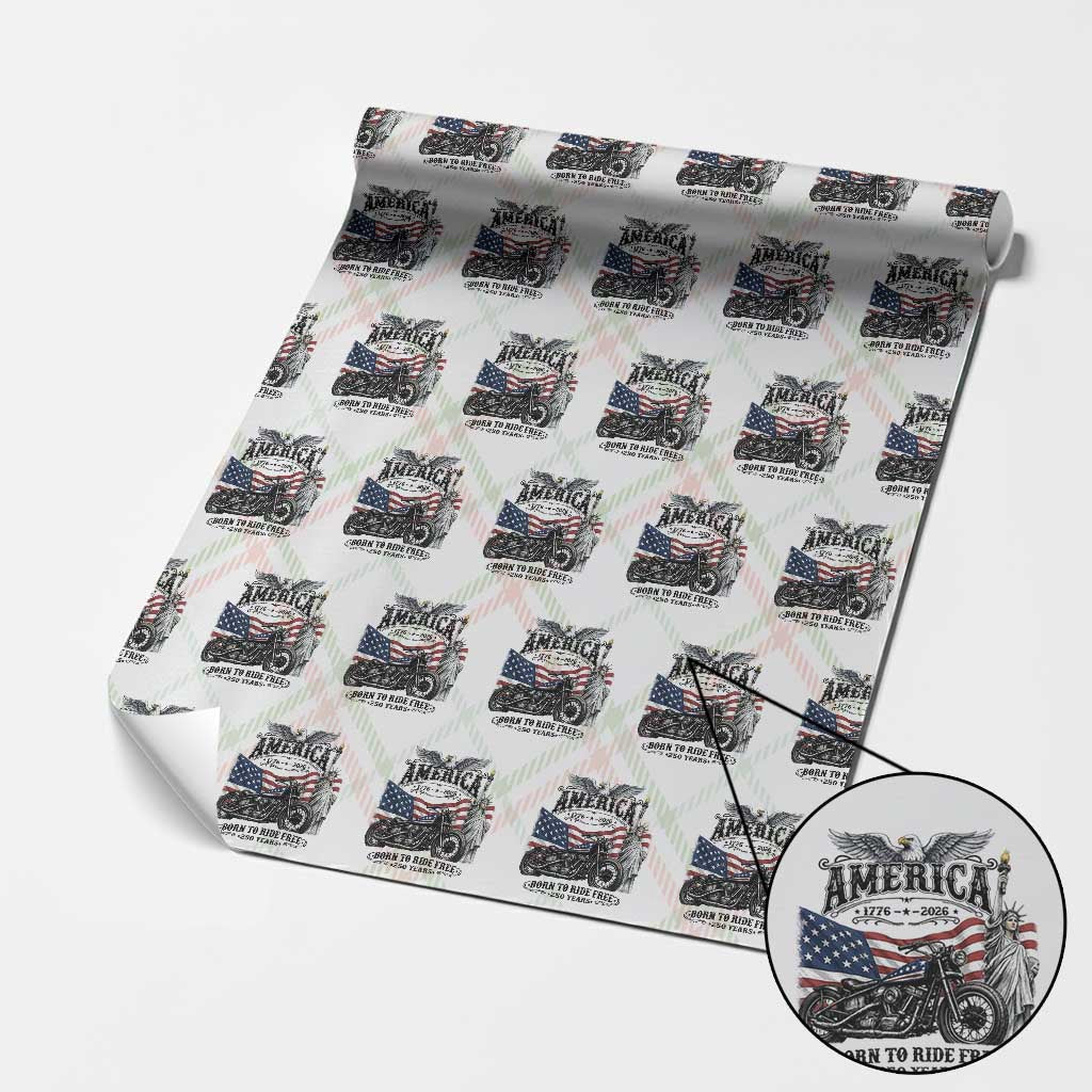 America Born to Ride Free 250 Years Biker Wrapping Paper Roll American Flag Chopper Motorcycle Statue of Liberty 1776 to 2026 Semiquincentennial