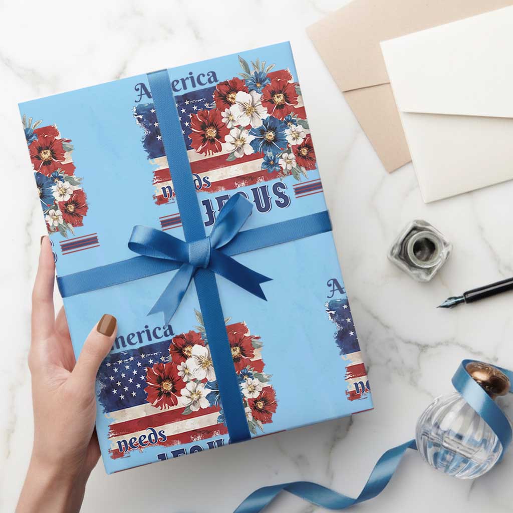 America Needs Jesus Wrapping Paper Roll Christian Floral US Flag 4th of July TS14 Light Blue Print Your Wear