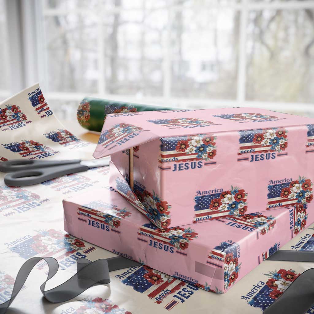 America Needs Jesus Wrapping Paper Roll Christian Floral US Flag 4th of July TS14 Light Pink Print Your Wear
