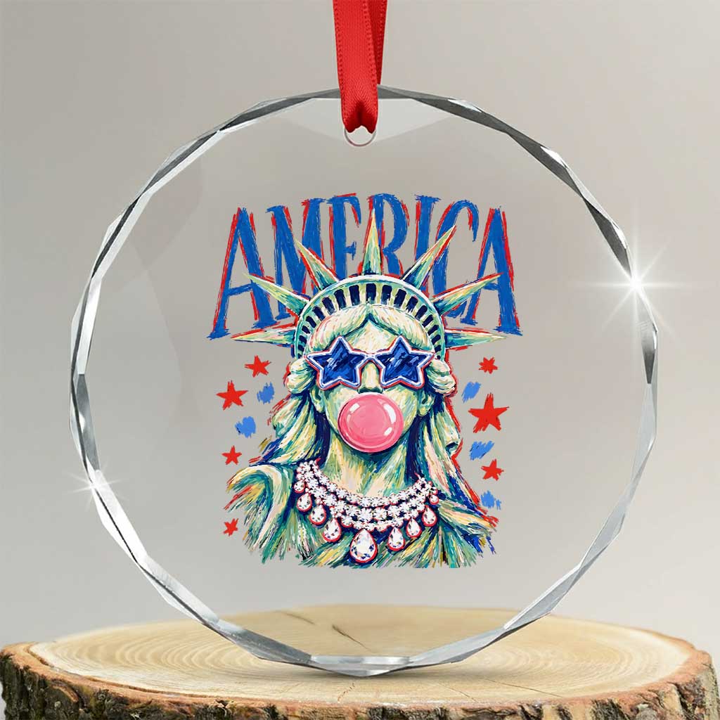 America Statue of Liberty Blowing Bubblegum Crystal Glass Ornament Star and Glasses Patriotic Summer Vibes Graphic TS02 Transparent Glass 3'' Circle Print Your Wear