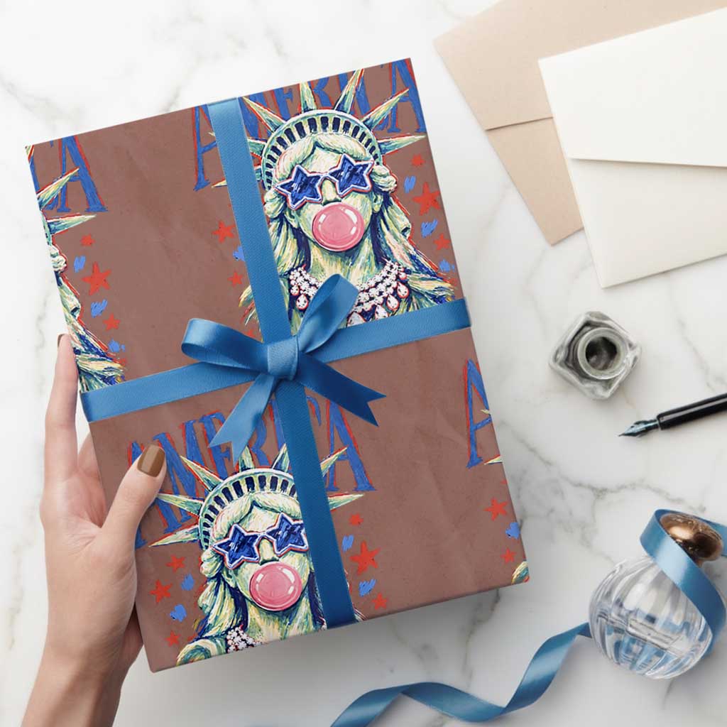 America Statue of Liberty Blowing Bubblegum Wrapping Paper Roll Star and Glasses Patriotic Summer Vibes Graphic