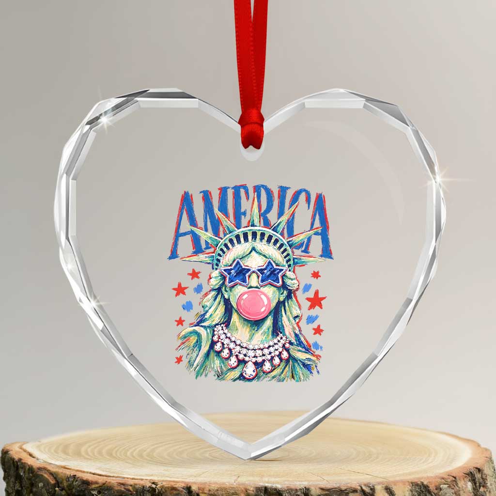 America Statue of Liberty Blowing Bubblegum Heart Crystal Glass Ornament Star and Glasses Patriotic Summer Vibes Graphic TS02 Transparent Glass 3'' Heart Print Your Wear