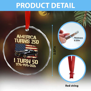 America Turns 250 I Turn 50 1976 50th Birthday Crystal Glass Ornament Retro 70s Muscle Car Lover