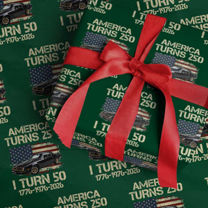 America Turns 250 I Turn 50 1976 50th Birthday Wrapping Paper Roll Retro 70s Muscle Car Lover