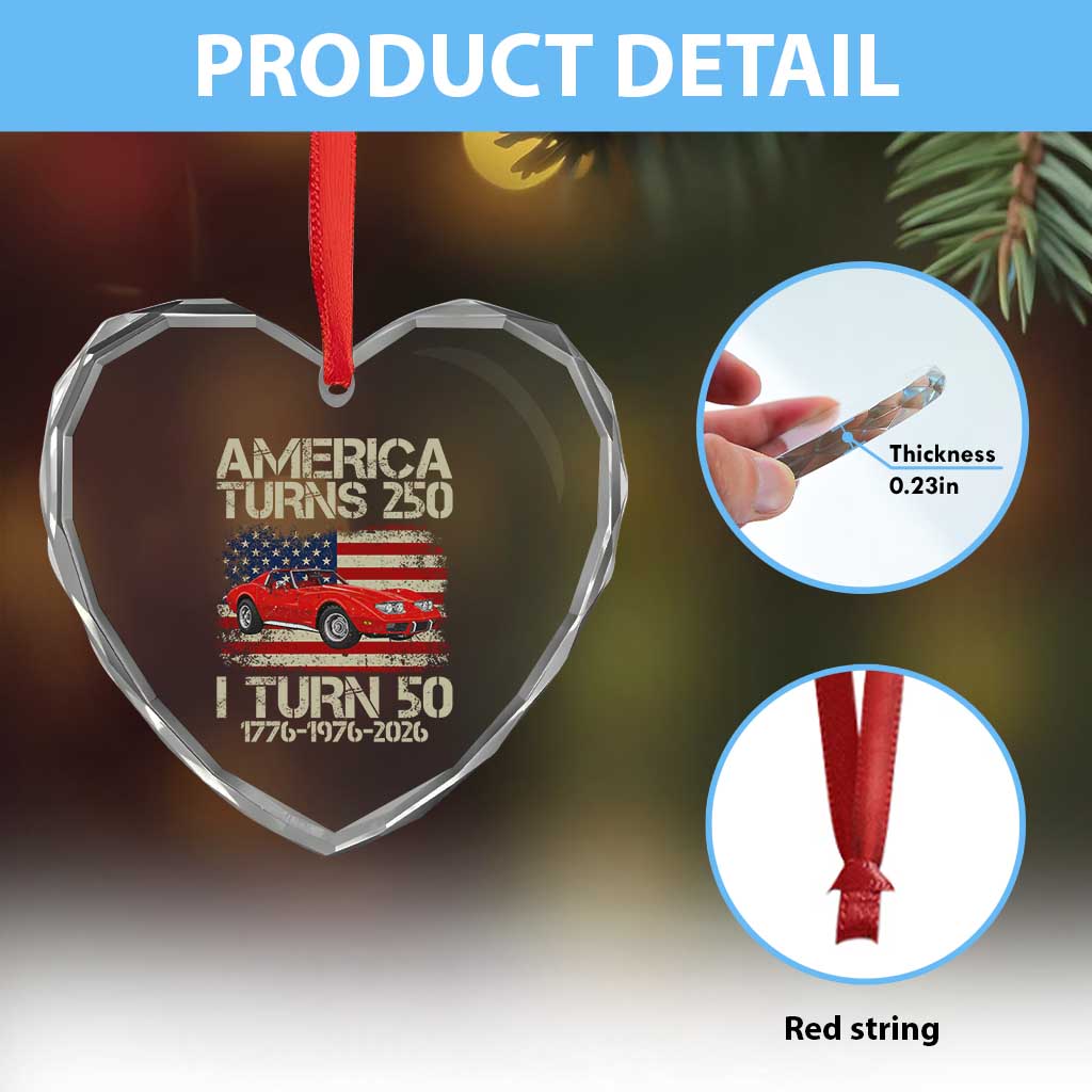 America Turns 250 I Turn 50 1976 50th Birthday Heart Crystal Glass Ornament Sports Car Retro Americana
