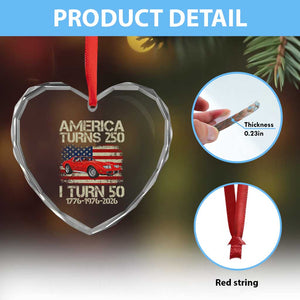 America Turns 250 I Turn 50 1976 50th Birthday Heart Crystal Glass Ornament Sports Car Retro Americana