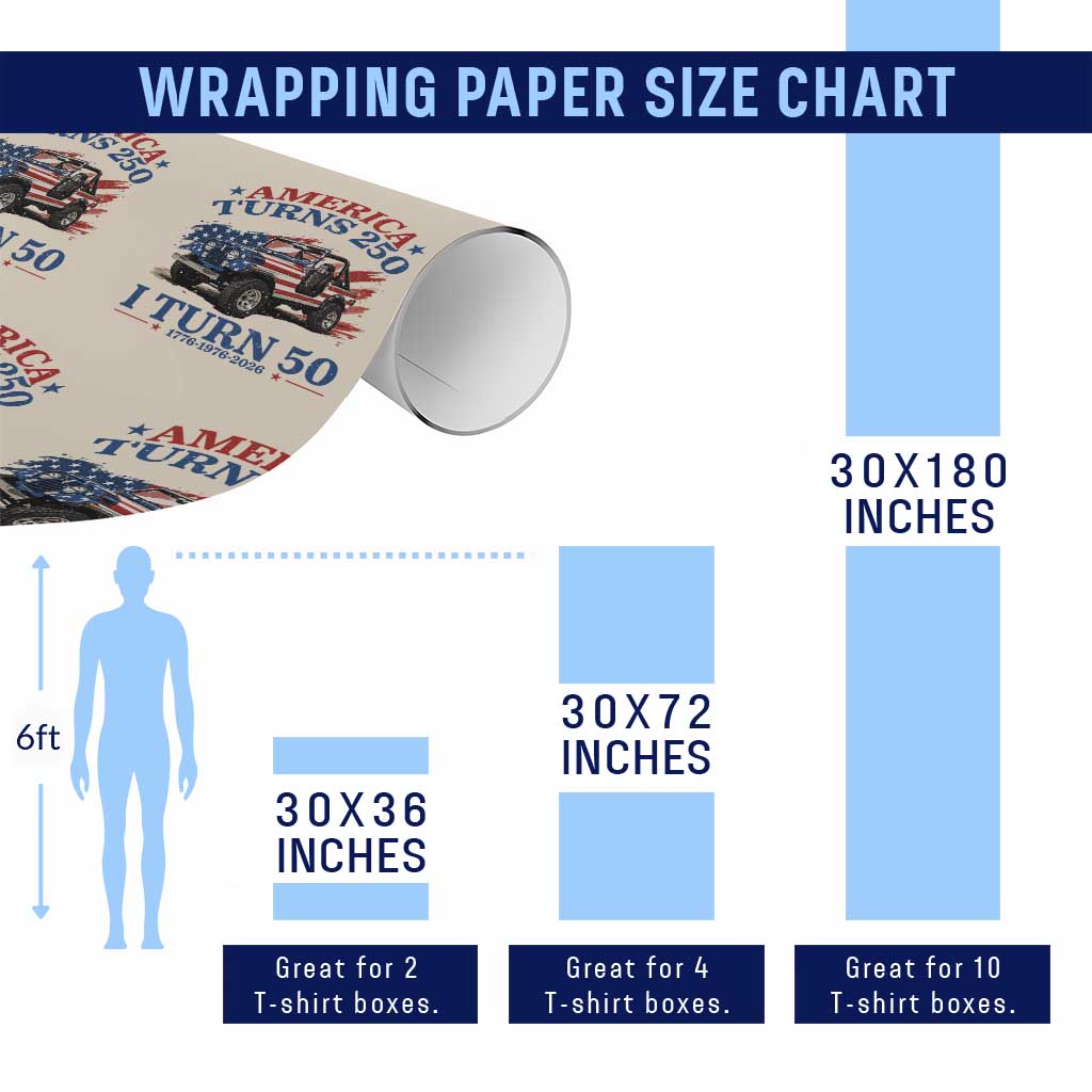 America Turns 250 I Turn 50 1976 50th Birthday Wrapping Paper Roll Compact Classic Off-road SUV
