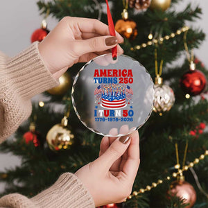 America Turns 250 I Turn 50 Funny 1976 Birthday Crystal Glass Ornament American Flag Cake 1776 to 2026 Semiquincentennial