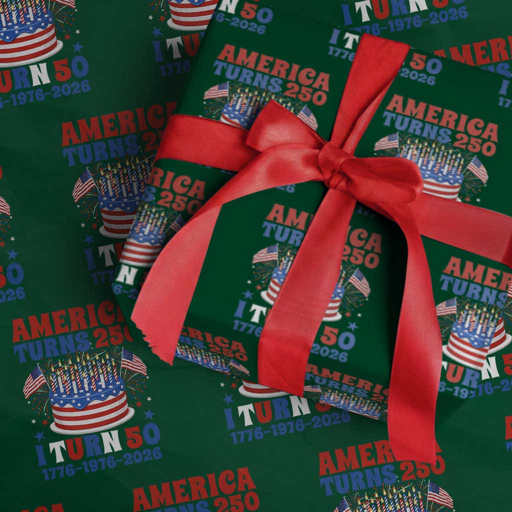 America Turns 250 I Turn 50 Funny 1976 Birthday Wrapping Paper Roll American Flag Cake 1776 to 2026 Semiquincentennial
